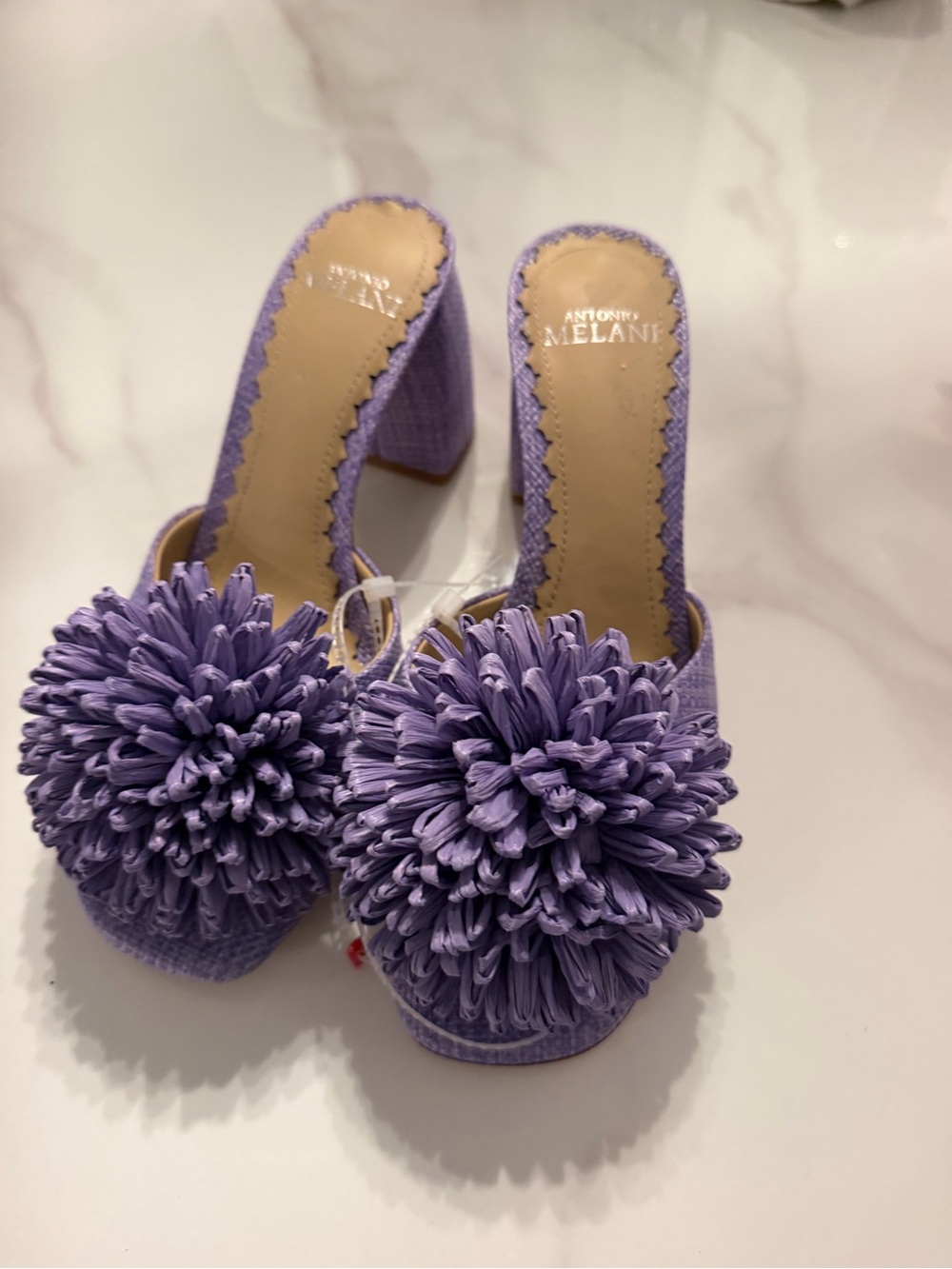 ANTONIO MELANI Lilac Pom-Pom Block Heel Mules - Picture 2 of 7
